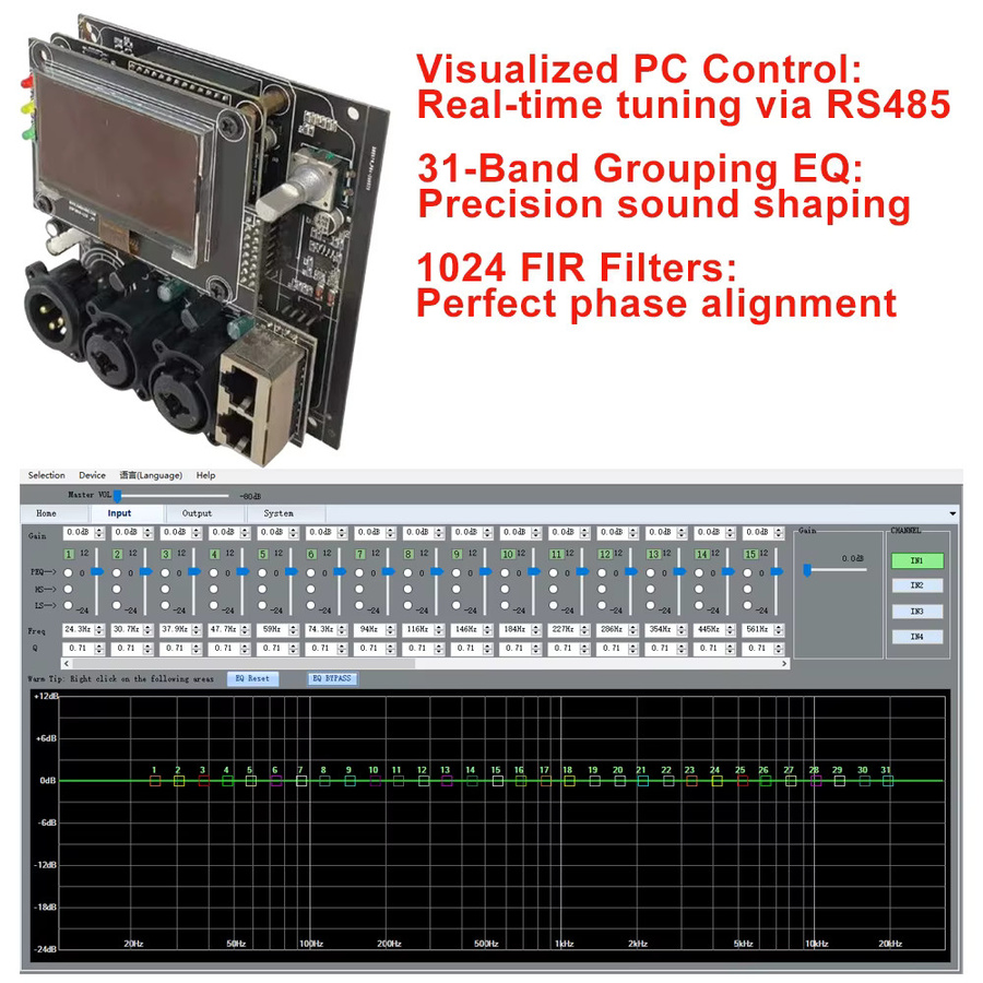 ShennDare CQ380 DSP Modul Digitaler Audio Prozessor 2 In 4 Out, 24Bit 96kHz Matrix Mixer mit 31-Band EQ, FIR Filter und RS485 PC-Steuerung, Schwarz - Bild 4