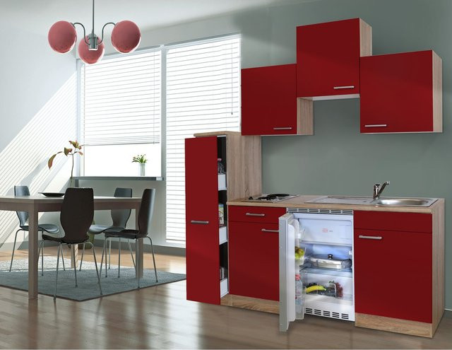 Respekta Singleküche Luis in Rot mit Eiche Sägerau Nachbildung, Breite: 180 cm, Tiefe: 60 cm, Höhe: 82 cm - Bild 1