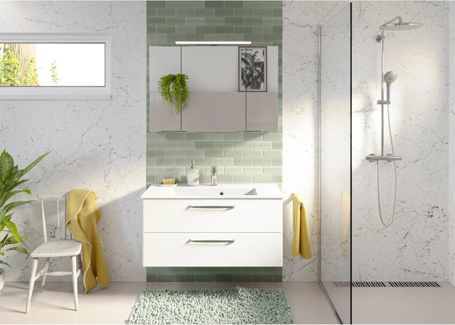 Pelipal Badmöbel-Set Trentino in Weiß Hochglanz mit Waschtisch aus Mineralmarmor, Spiegelschrank mit LED-Beleuchtung und Unterschrank - Bild 1