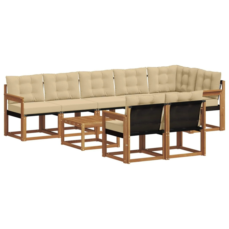 vidaXL Outdoor-Sofagarnitur 9-tlg. aus Akazienholz und Textilene in Natur und Beige mit Kissen und Armlehnen - Bild 2