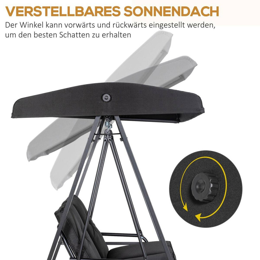 Outsunny Hollywoodschaukel Schwarz mit Sonnendach und Kissen aus Polyester und Stahl B/H/L: 116 x 172 x 145 cm - Bild 5