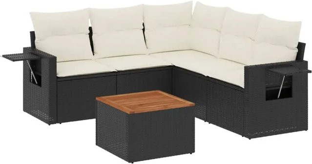 vidaXL 6-teilige Garten-Sofagarnitur aus Poly-Rattan und Akazienholz in Schwarz-Creme mit Kissen - Bild 1