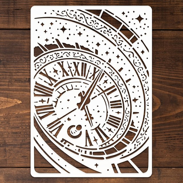 PenhuaMoban Schablone mit Uhr- und Sternmotiv in Weiß für DIY-Bastelarbeiten und Wandgestaltung - Bild 1