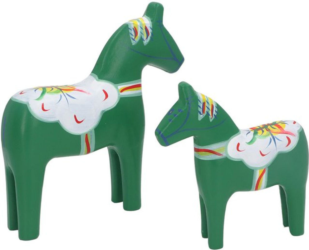 Paar GoolRC Dala Pferd Figuren aus Holz in Skandinavischem Design mit floralem Muster, mehrfarbig und grün - Bild 1