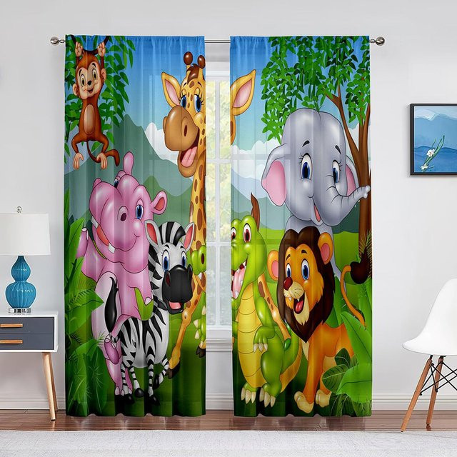 Dekorative Kindergardinen mit Cartoon Zoo Tier Motiven im Dschungel Design, halbtransparent, Polyester, Mehrfarbig, Breite: 140 cm, Höhe: 160 cm - Bild 1