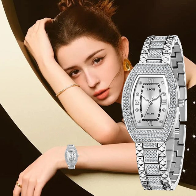 LIGE Armbanduhr Edelstahl, Quarz, Diamantbesetzt, Weiß, Silber, Damen - Bild 1