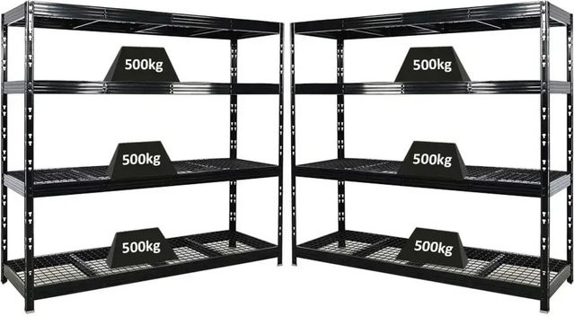 2er Set PROREGAL Rhino Profi Schwerlastregal aus Stahl, Schwarz, B/H/T: 200 x 180 x 60 cm, 4 Gitterrost-Ebenen, Fachlast 500 kg - Bild 1