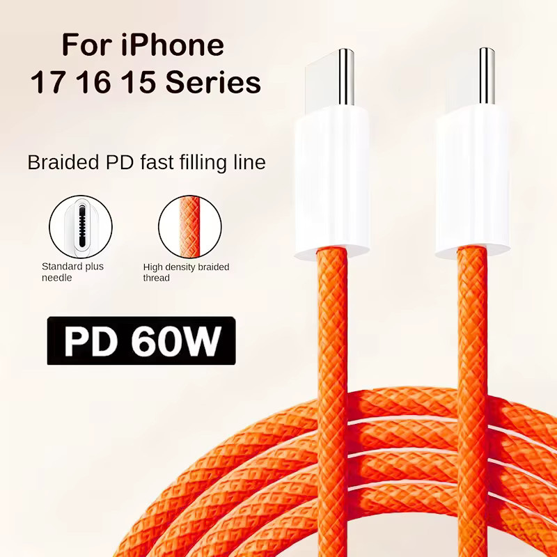 3er-Set Resbyer USB-C auf Typ-C Schnellladekabel 60W, geflochtenes Datenkabel in Orange/Multicolour für iPhone, Huawei, Xiaomi und Samsung - Bild 2