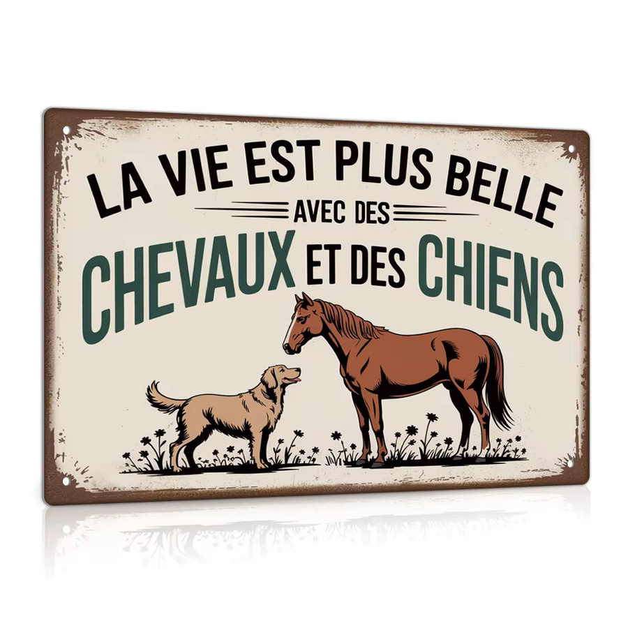 Putuo Decor Vintage Metallblechschild La vie est plus belle mit DES CHEVAUX ET DES Wandkunstdekoration für Pferdebesitzer B: 30,0 cm, H: 20,0 cm - Bild 2