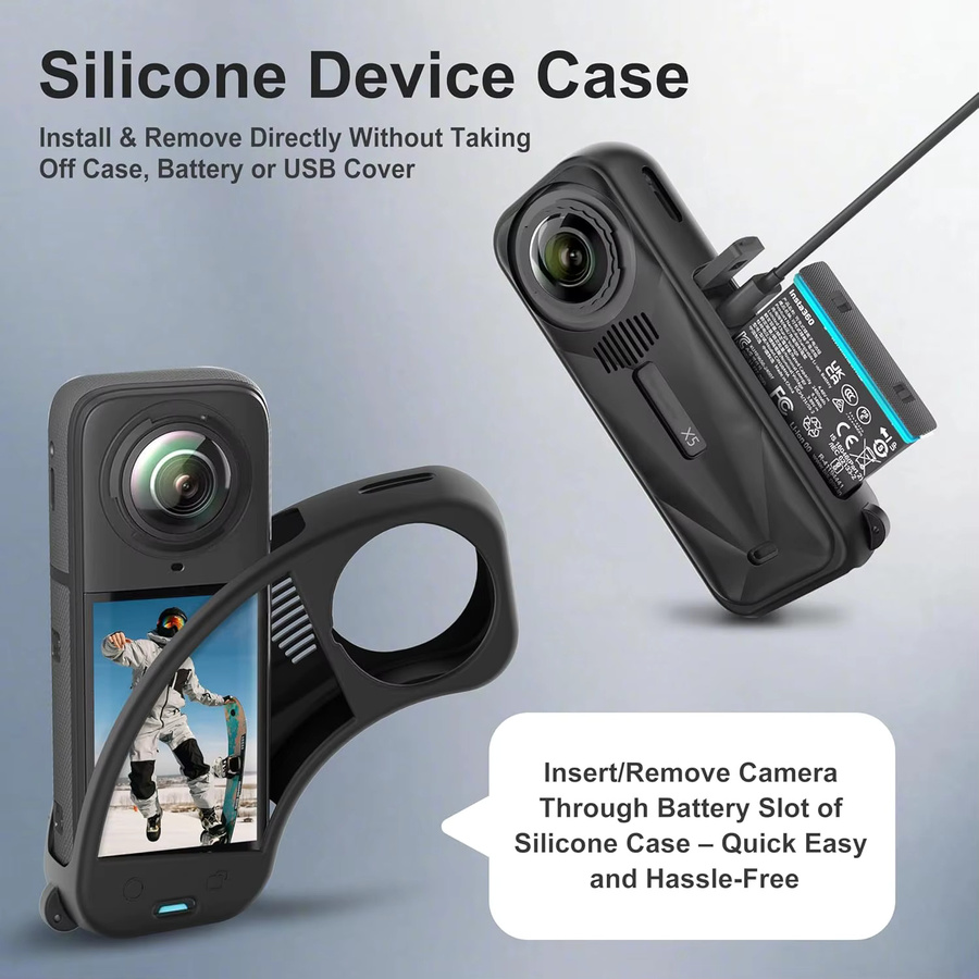 Insta360 X5 Zubehör-Set in Schwarz mit Tragetasche, Silikonhülle, Objektivschutz, Displayschutzglas und Silikon-Stützhalterung - Bild 3