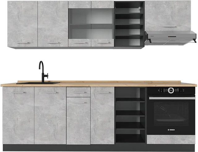 Vicco R-Line Küchenzeile in Beton-Optik und Anthrazit mit Eiche-Elementen, Breite: 240 cm - Bild 1