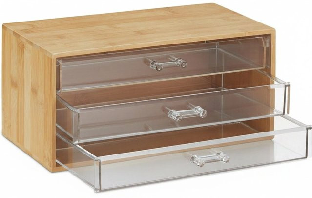 Relaxdays Kosmetik Organizer aus Bambus in Natur und Transparent mit 3 Schubladen, B: 30 cm, T: 15 cm, H: 17,5 cm - Bild 1