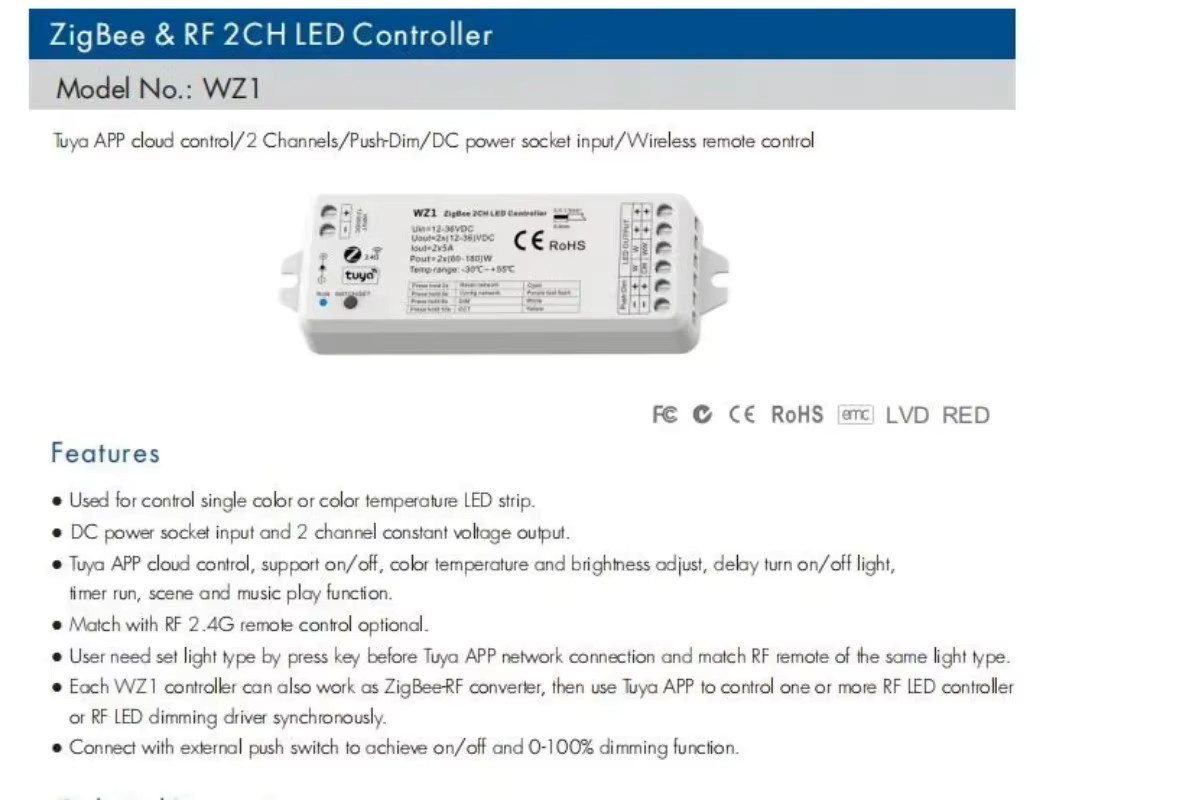 Sage LU MEI ZigBee 3.0 & RF 2CH LED Controller WZ1 in Weiß für CCT-LED-Streifen mit Tuya App Cloud und Fernbedienung - Bild 2