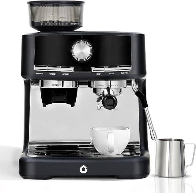 HiMISS Halbautomatische Kaffeemaschine in Schwarz mit integriertem Mahlwerk, 15 bar Pumpendruck, 30 Mahlgradeinstellungen, 58 mm Siebträger, herausnehmbarem Wassertank und manueller Milchaufschäumdüse - Bild 1