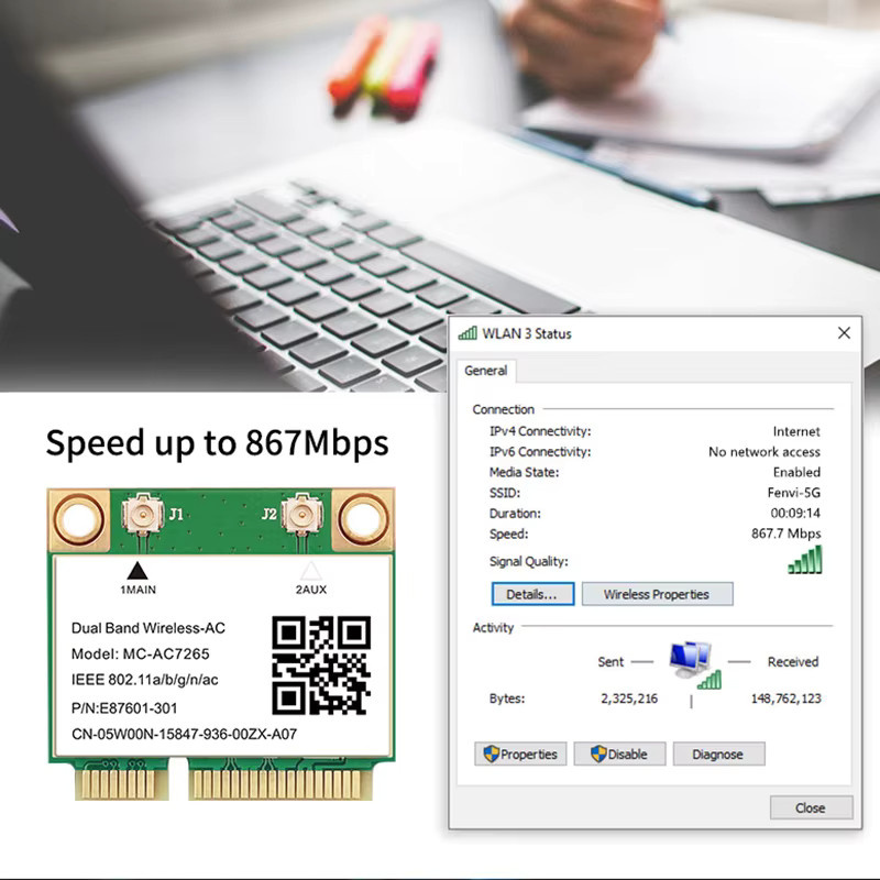 TelDaykemei MC-AC7265 Mini PCI-E WLAN Karte mit Bluetooth 4.2, 1200Mbps, Dualband 2,4GHz und 5GHz, für Laptop, Windows 7 8 10 11, Grün - Bild 2