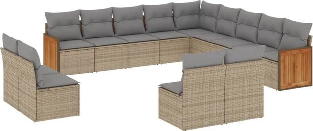 vidaXL 13-tlg. Garten-Sofagarnitur in U-Form aus Polyrattan und Akazienholz, Beige-grau mit Kissen und abnehmbaren Bezügen - Bild 1