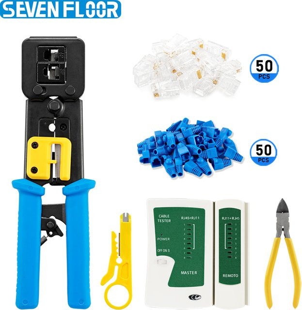 RJ45 Crimpzangen-Set für Cat5/Cat5e/Cat6 inklusive RJ11/RJ12 Crimpzange mit Tester, Abisolierzange, Diagonalzange und 50 Steckverbindern von seven floor - Bild 1