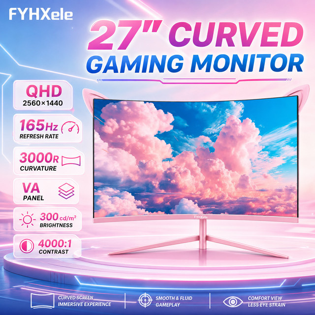 FYHXele Curved Gaming Monitor 27 Zoll in Pink, 2K QHD 2560x1440, 165Hz, VA Panel, AMD FreeSync, HDR, HDMI und DisplayPort - Bild 1