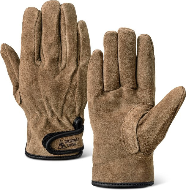 OneTigris Schweißhandschuhe aus braunem Rindsleder, feuerfeste und wärmeisolierende Arbeitshandschuhe für BBQ, Camping und Holzofen - Bild 1