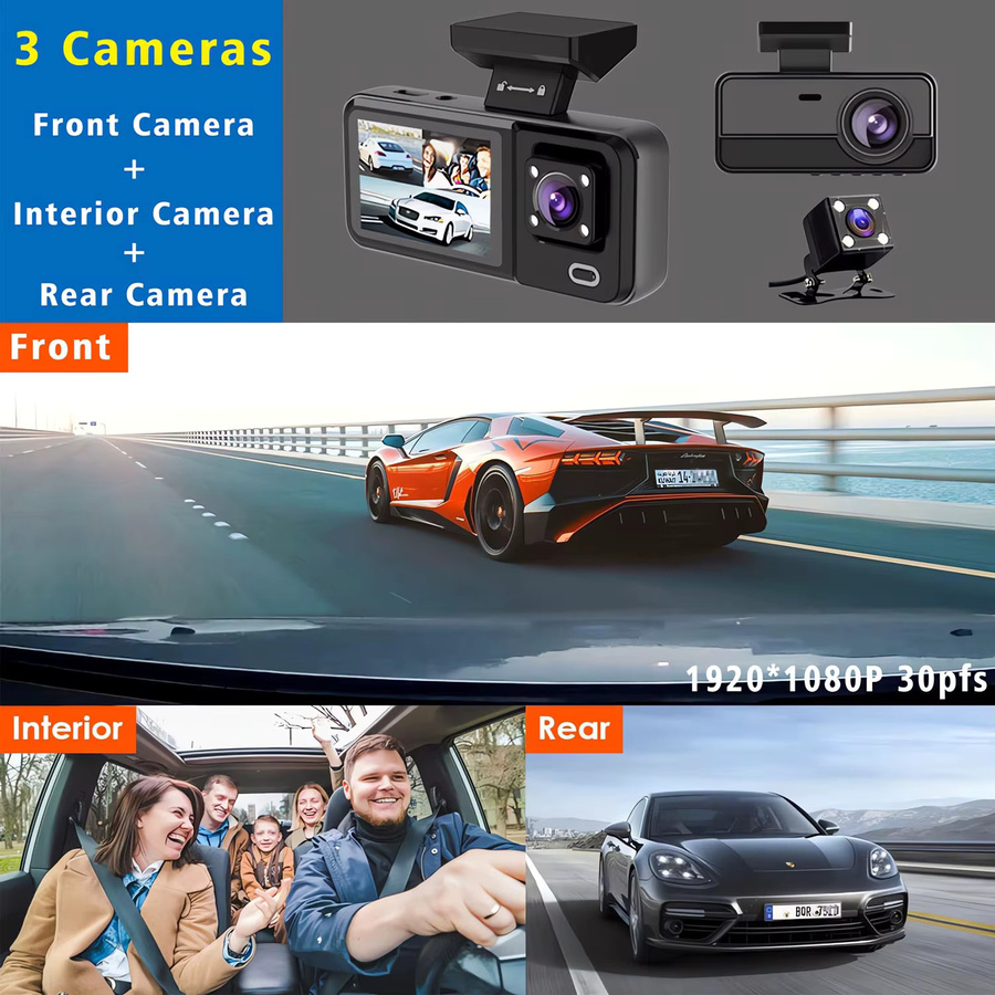 MYOLSD 3-Kamera WLAN Dashcam HD1080P Mini Auto-DVR mit Dreiwege-Kanal Video-Registrator in Schwarz - Bild 3