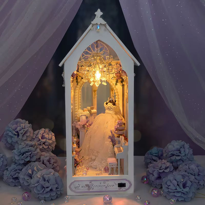 zuuton DIY Holz Hochzeit 3D Puzzle Miniatur Puppenhaus Buch Eck Kit in Weiß mit floralem Design - Bild 2