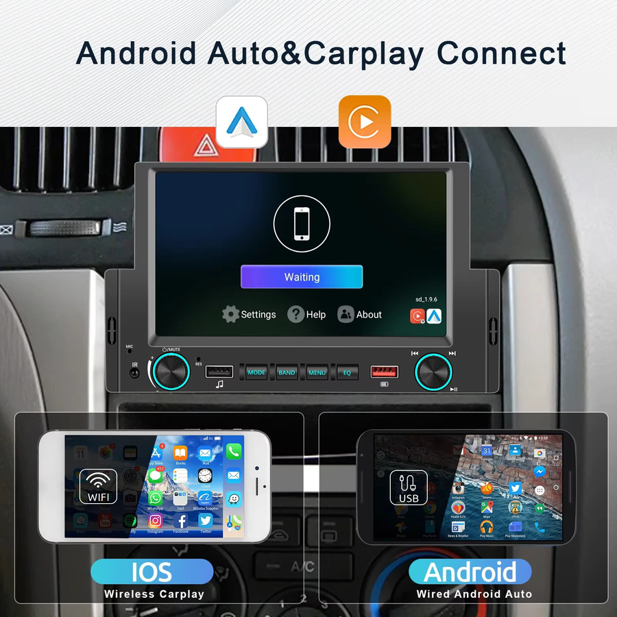 Podofo 6,2 Zoll Autoradio mit Carplay und Android Auto, 1 Din Multimedia-Player mit HD-Touchscreen, Bluetooth und MirrorLink in Schwarz - Bild 4