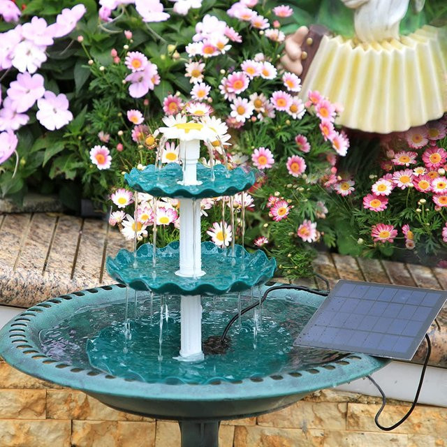 3-stufiges Solar-Vogelbad mit 3W-Solarpumpe als dekorativer Kaskaden-Brunnen für deinen Garten in Blue Sky und Türkis - Bild 1