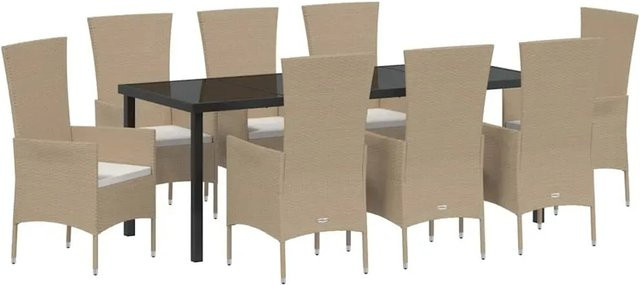 vidaXL Garten Essgruppe aus Poly-Rattan und Stahl mit Kissen in Beige, 9-teilig - Bild 1