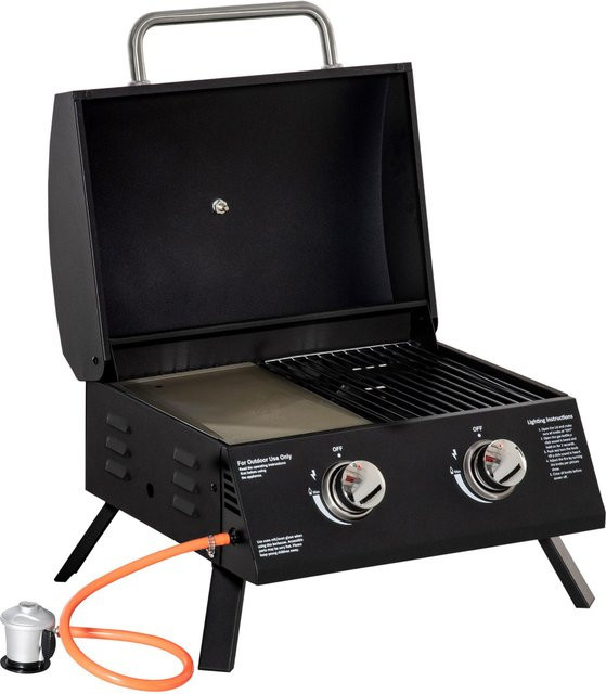 Faltbarer Gasgrill mit 2 Brennern und Thermometer aus Kohlenstoffstahl in Schwarz, B/T/H: 55 x 46,5 x 41 cm - Bild 1