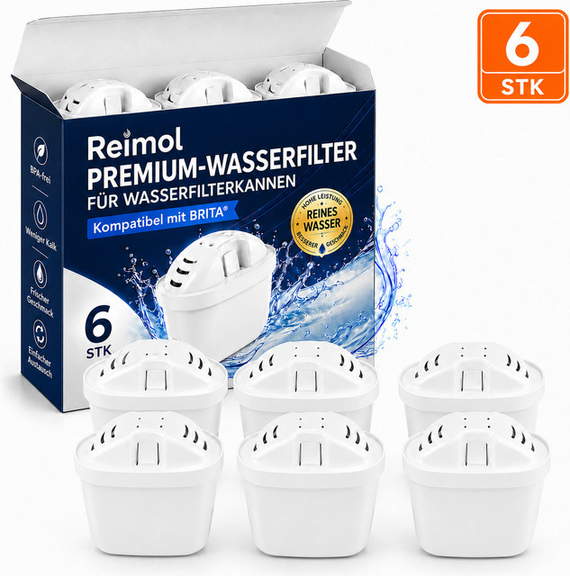 Reimol 6 Wasserfilterkartuschen in Weiß zur Reduzierung von Kalk, Chlor und Verunreinigungen mit Aktivkohlefilter passend für Brita Maxtra Pro Kannen - Bild 1