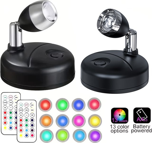 KDULIT Batteriebetriebener LED-Strahler für den Innenbereich, kabelloser RGB-Wandstrahler in Schwarz mit 13 Farben und drehbarem Lichtkopf, selbstklebend für Flur und Akzentbeleuchtung - Bild 1