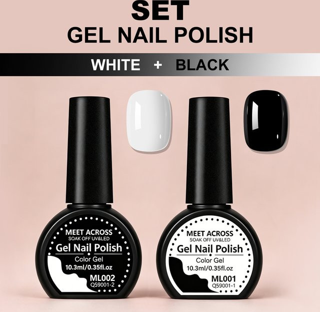 MEET ACROSS Gel-Nagellack-Set, Schwarz-Weiß, Glänzend, 2 Stück/Set - Bild 1