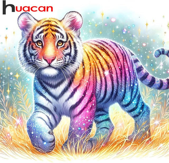 Huacan Diamantmalerei Bunter Tiger als Dekorative Tier-Kunst mit Rundsteinen, Multicolor, B/H: 20 x 20 cm - Bild 1