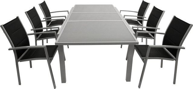 DEGAMO Gartenmöbel Garnitur PISA 7-teilig aus Aluminium und Glas in Silbergrau mit schwarzem Kunstgewebe - Bild 1