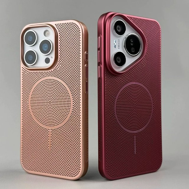 Magnetische Rüstungshülle für Huawei Pura 80 70 Ultra 70 60 Pro mit Magsafe Mesh und atmungsaktiver Wärmeableitung aus hartem PC in Rot und Gold - Bild 1