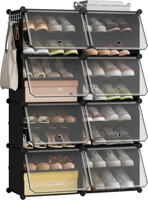 WOLTU Modularer Schuhschrank aus Kunststoff, Faltbarer Schuhwürfel-Aufbewahrungsorganizer mit Türhaken, Transparent/Weiß, B/T/H: 30 x 30 x 90 cm - Bild 1