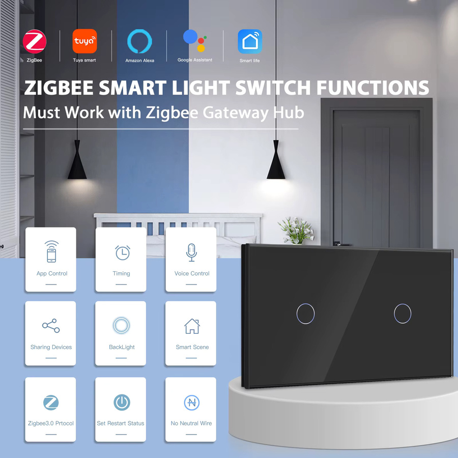 Bseed Zigbee Smart Light Touch Schalter mit Kristall Glas Panel in Schwarz, kompatibel mit Tuya, Smart Life und Google Assistant, EU Standard - Bild 2