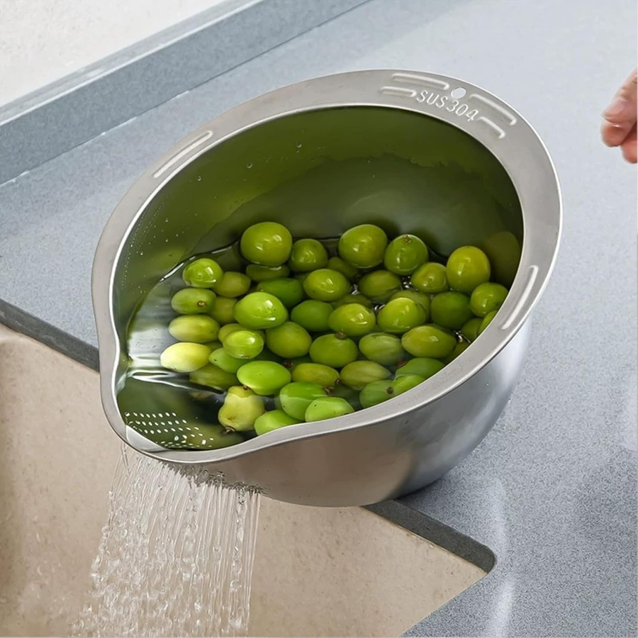 Binchi Reiswascher-Siebschüssel aus Edelstahl 304 in Silber zum Waschen von Reis, Obst und Gemüse - Bild 4