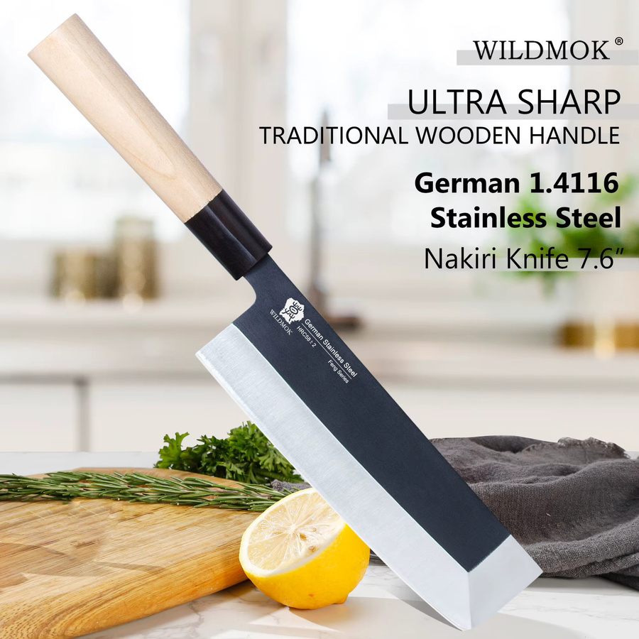 WILDMOK Nakiri-Messer aus deutschem Edelstahl mit traditionellem Holzgriff, Silber, Länge: 17,78 cm - Bild 5
