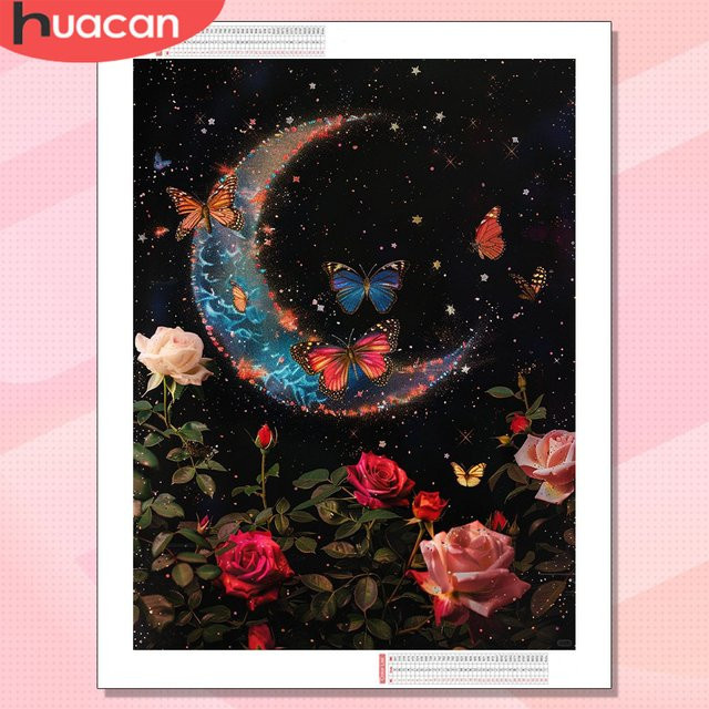 HUACAN Diamantmalerei 5D Mondlandschaft und Rosenblüten als dekoratives Kunstgemälde in Multicolour, runde Form, B: 30,0 cm, H: 20,0 cm - Bild 1