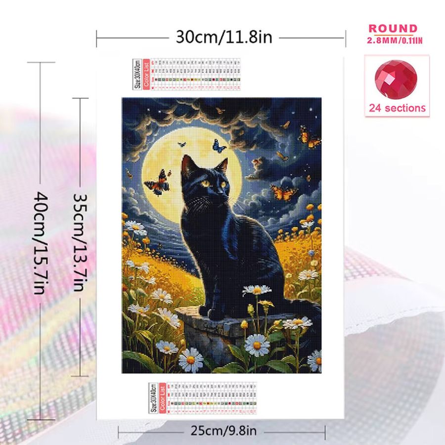 YUTTEE Diamant-Mosaik DIY Set mit schwarzer Katze und Mond in Multicolor, Strasssteine Rund, B/H: 30 x 20 cm - Bild 2