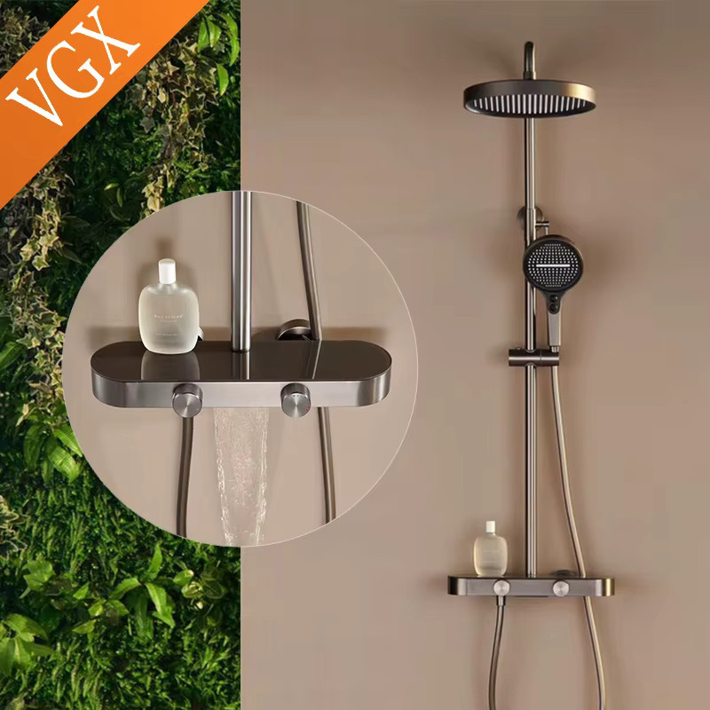 VGX Duschsystem-Set mit 3-Wege-Regenduschset, Duscharmatur mit Handbrause und Duschmischer, Gunmetal Grau - Bild 2