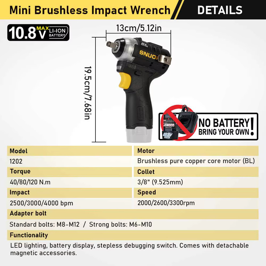 SNUOK bürstenloser Schlagschrauber 10,8 V mit 3/8 Zoll Antrieb und 120 N·m Drehmoment in Schwarz, kompatibel mit Makita LXT Akkus - Bild 4