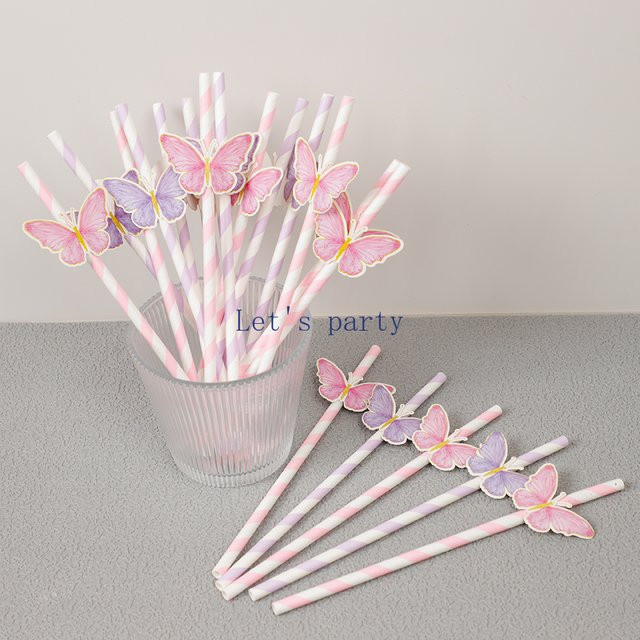 20 Stück Einweg Papierstrohhalme mit Schmetterlingsthema in Pink für Kinder und Partys - Bild 1