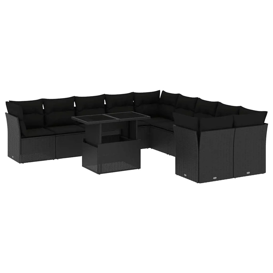 vidaXL 11-teilige Garten-Sofagarnitur in L-Form aus Polyrattan mit Kissen und Gartentisch, Schwarz - Bild 2