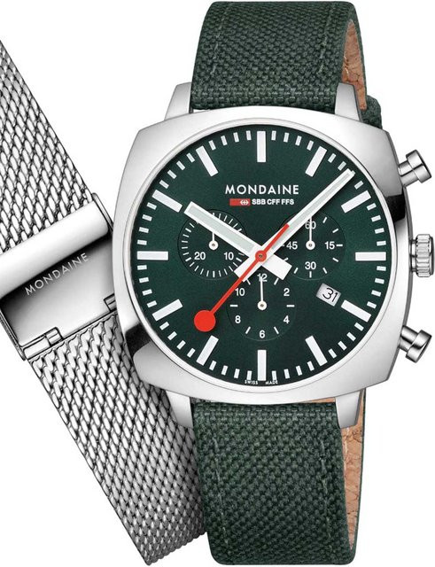 Mondaine Chronograph Herrenuhr, Edelstahl, Quarz, 41 mm, Grün, 5 ATM - Bild 1