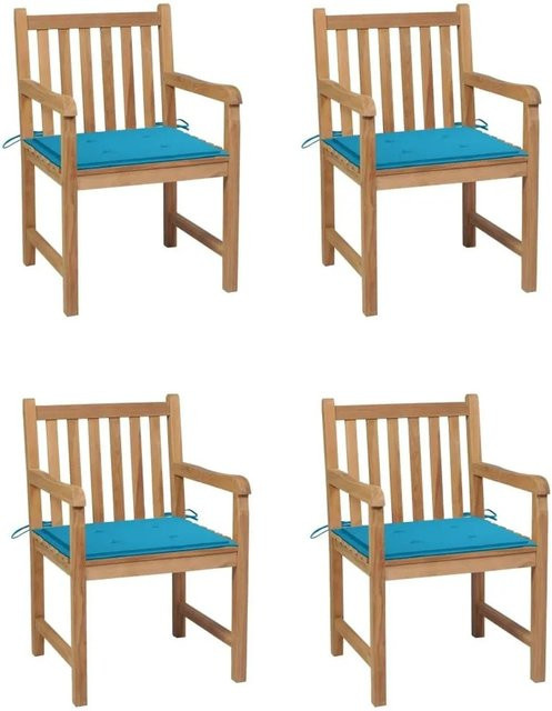 vidaXL Gartenstuhl-Set aus Teakholz mit blauen Kissen, 4er-Pack, braun - Bild 1