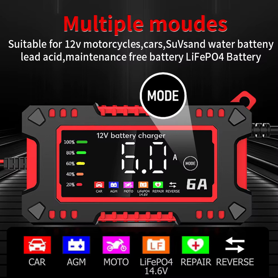 Smart Batterie Ladegerät für Auto und Motorrad mit Digital Display, 12V 6A, kompatibel mit LiFePO4, Blei-Säure, AGM und GEL Batterien, Schwarz - Bild 4