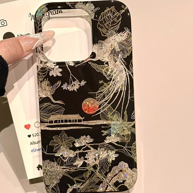 iPhone Hülle mit chinesischem Berglandschaft und Kranich Design in Schwarz für Apple iPhone 17 Pro 16 15 Pro Max 14 Plus 13 12 11 16E Air 7 8 SE Cover - Bild 1