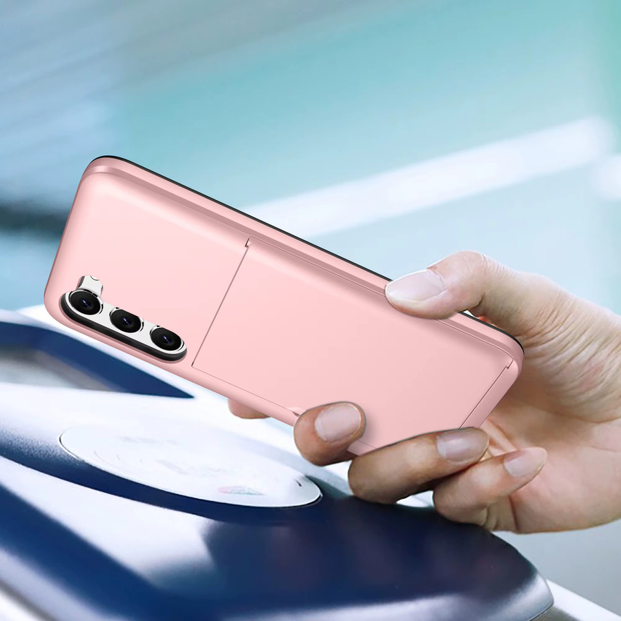 Samsung Schutzhülle mit Kartenhalter Slide Slot aus Hard PC für S25 Ultra S24 Plus S23 S22 A16 A17 in Gold und Pink - Bild 2